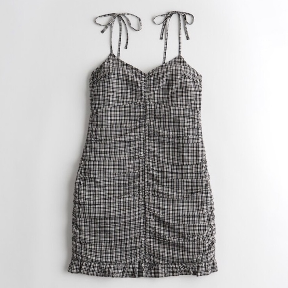 Hollister Plaid Ruched Tie Strap Mini Dress Black White Check Size Small